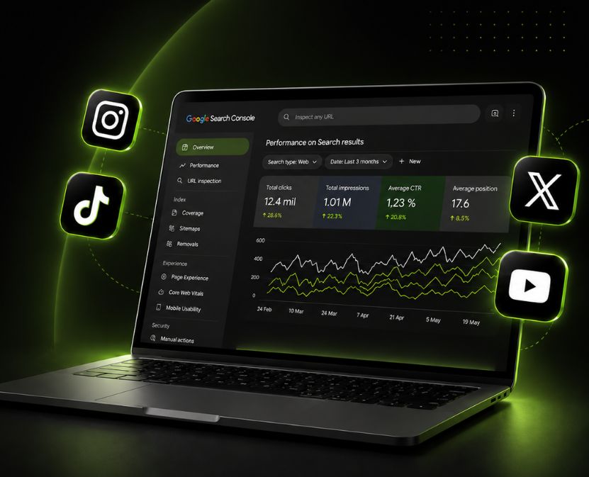 panel de google search console conectado con instagram, tiktok, x y youtube para analizar el rendimiento de las redes sociales en google.