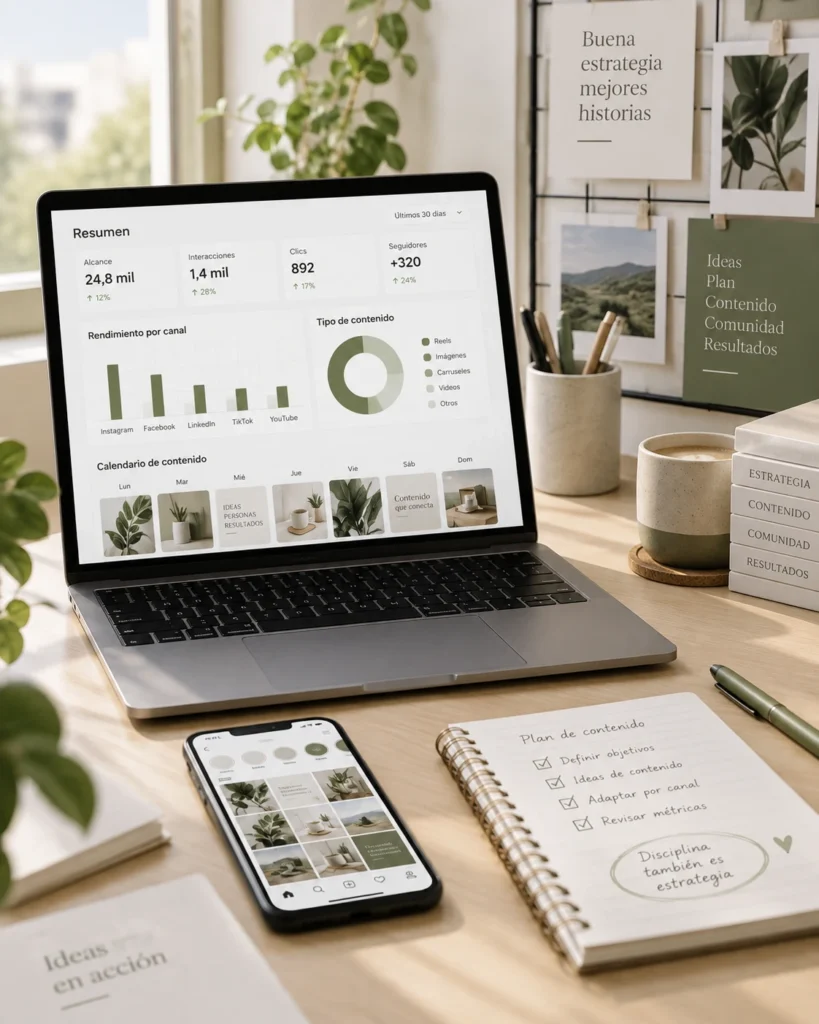 estrategia de redes sociales con planificación de contenidos y análisis de métricas