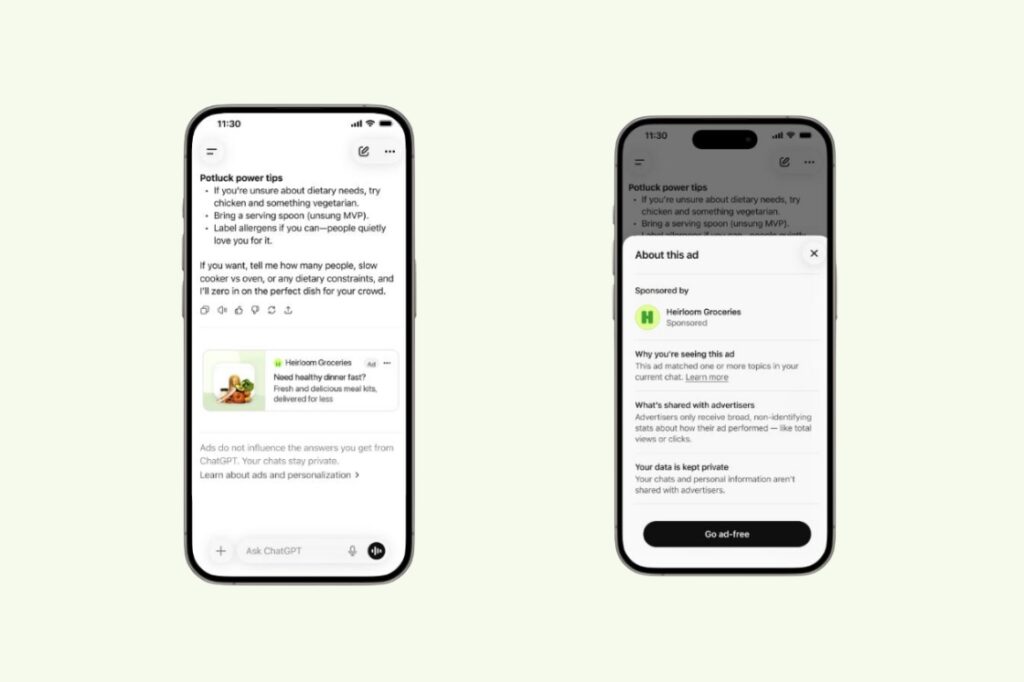 ejemplo de anuncio patrocinado dentro de una conversación de chatgpt presentado durante el webinar de openai.